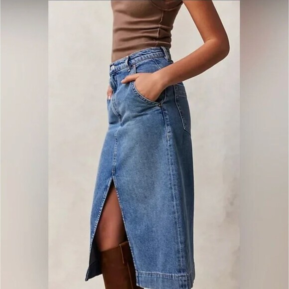 Free People / We The Free Wild Roses Denim Midi Skirt Sz 29 Boho Hipster Retro - Picture 5 of 16